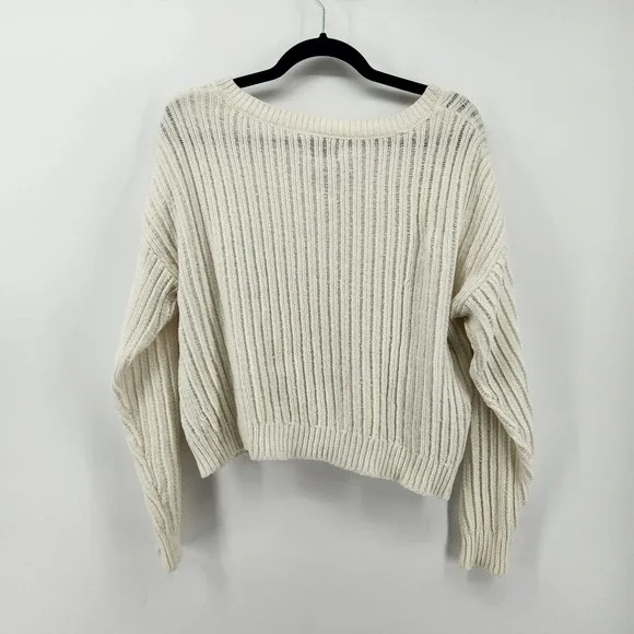 Arizona Jean Co Women's Knit Sweater White V Neck Long Sleeve Cropped Size L - Picture 2 of 5